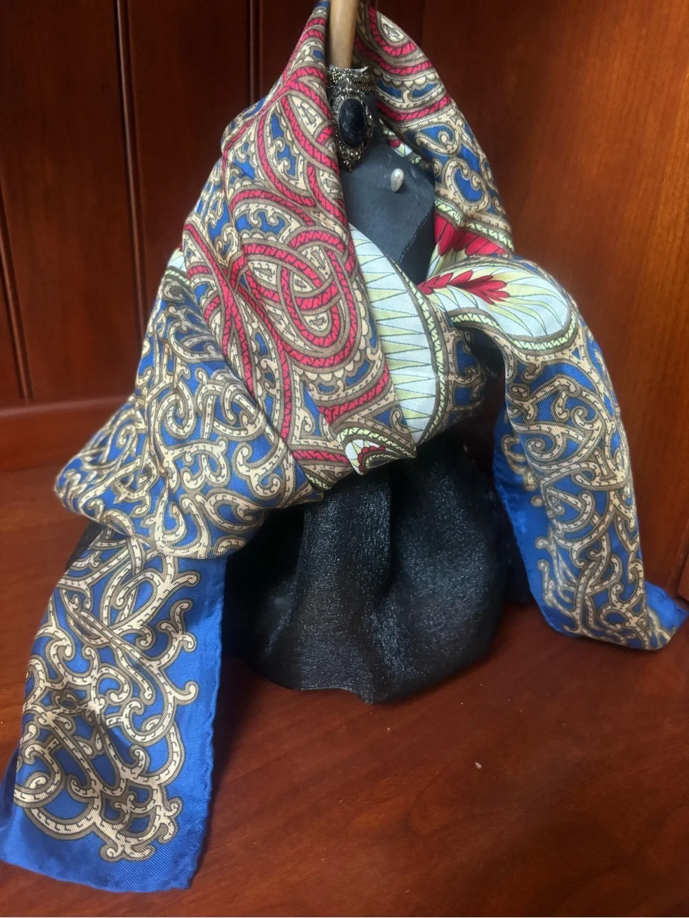 Navy Blue Paisley Silk blend Scarf with Red & Gold Accents